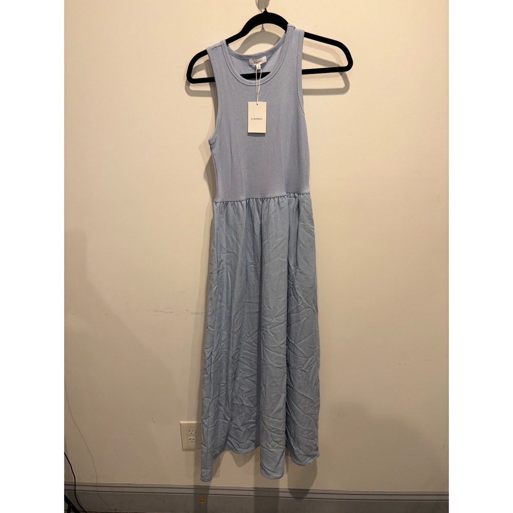Z Supply Charlotte Midi Dress Blue Light Ribbed Tank Woven Skirt ZD233191S Small